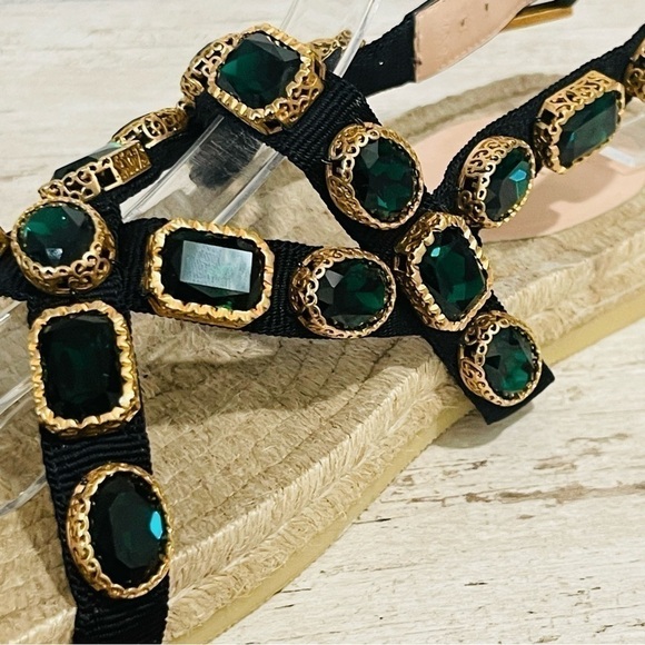 Gucci NEW SZ 36.5 Grosgrain Green Jewel Embellished Espadrille Flat Sandals - Picture 12 of 16